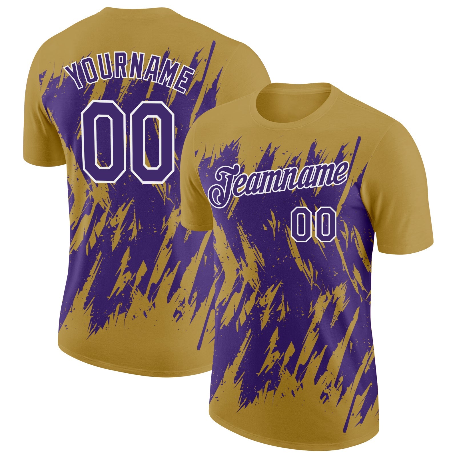 Custom Old Gold Purple-White Torn Sharp Brush Stroke Splatter Performance T-Shirt - Main View