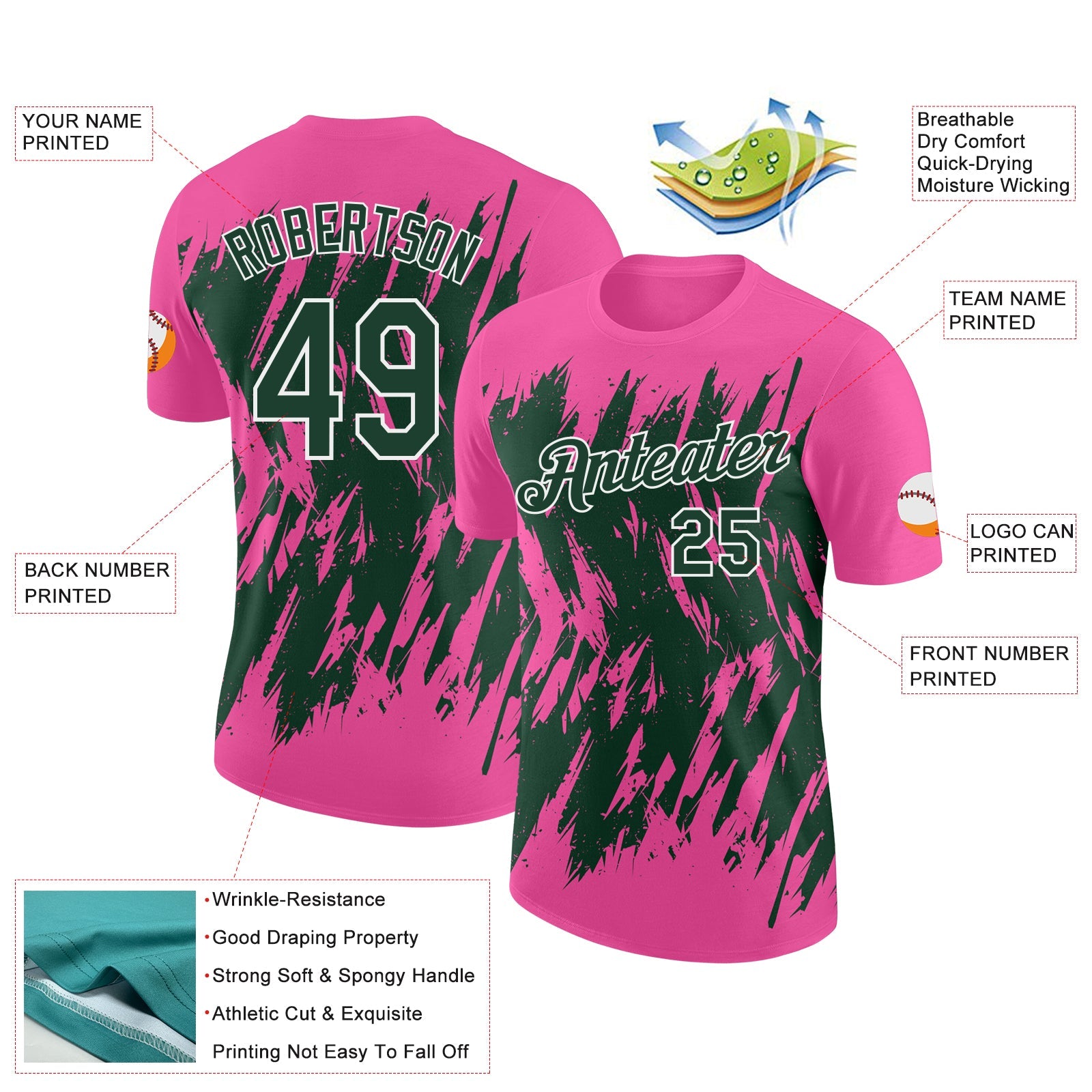 Custom Pink Green-White Torn Sharp Brush Stroke Splatter Performance T-Shirt view 2