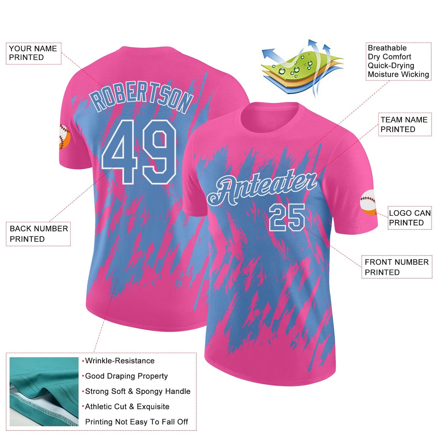 Custom Pink Light Blue-White Torn Sharp Brush Stroke Splatter Performance T-Shirt view 2