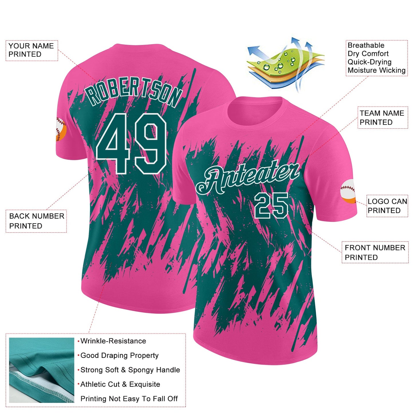 Custom Pink Teal-White Torn Sharp Brush Stroke Splatter Performance T-Shirt view 2