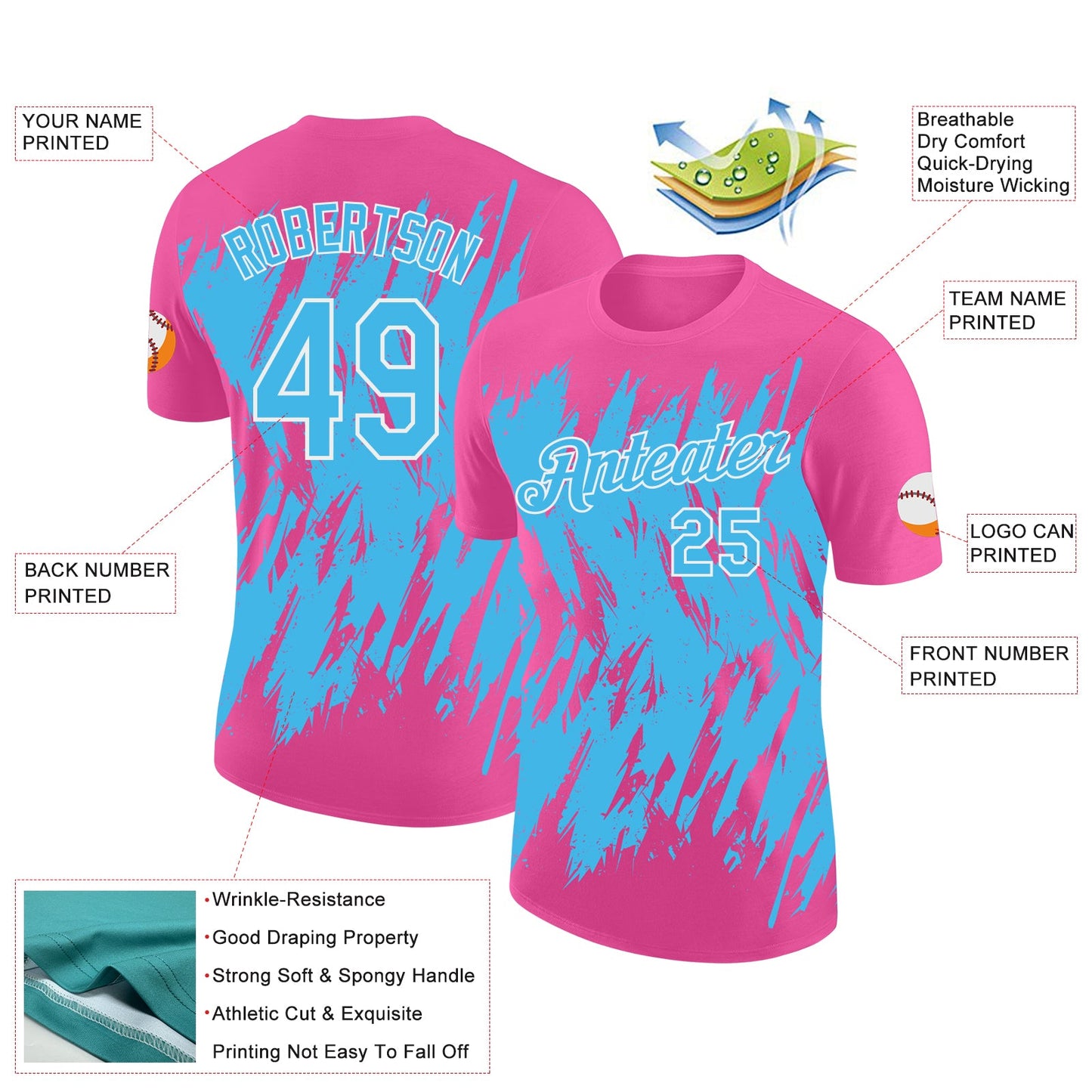 Custom Pink Sky Blue-White Torn Sharp Brush Stroke Splatter Performance T-Shirt view 2