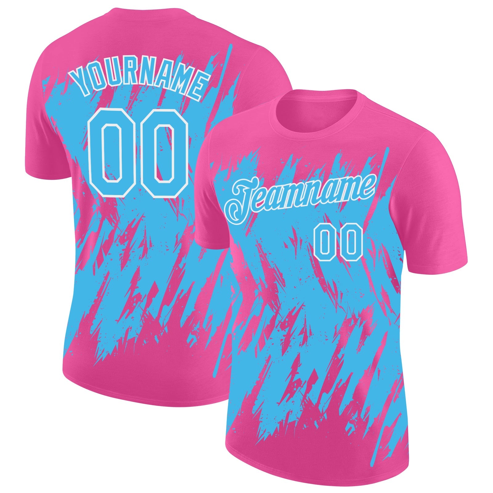 Custom Pink Sky Blue-White Torn Sharp Brush Stroke Splatter Performance T-Shirt - Main View