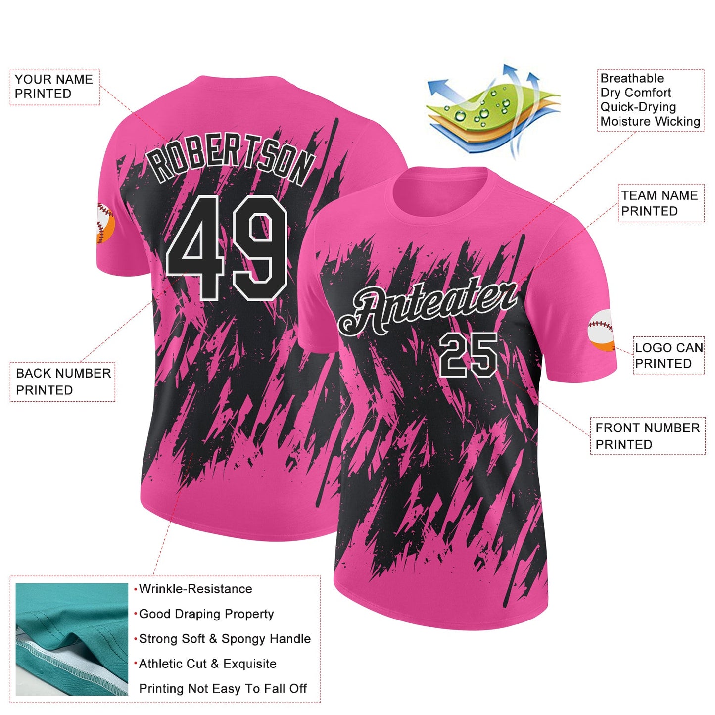 Custom Pink Black-White Torn Sharp Brush Stroke Splatter Performance T-Shirt view 2