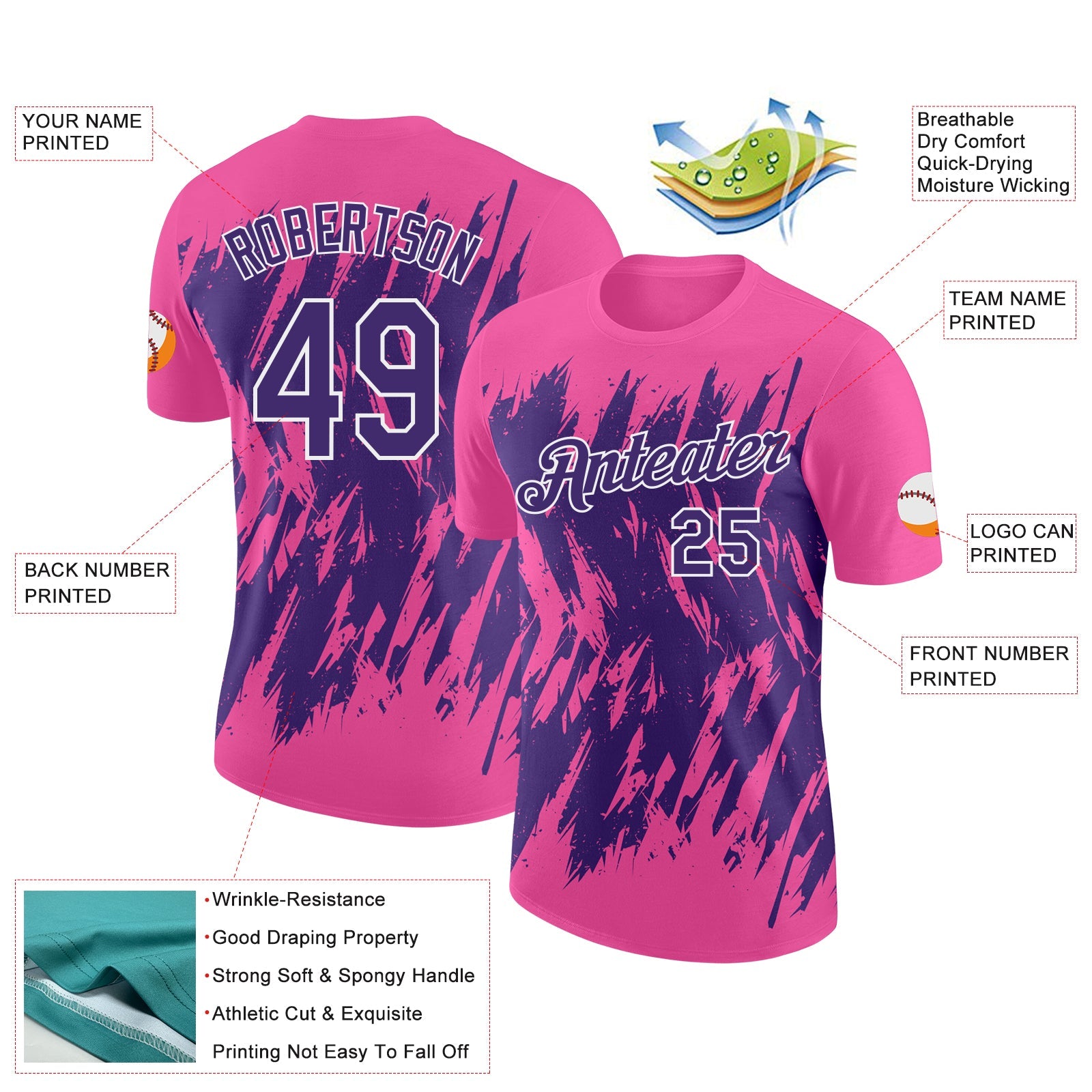 Custom Pink Purple-White Torn Sharp Brush Stroke Splatter Performance T-Shirt view 2