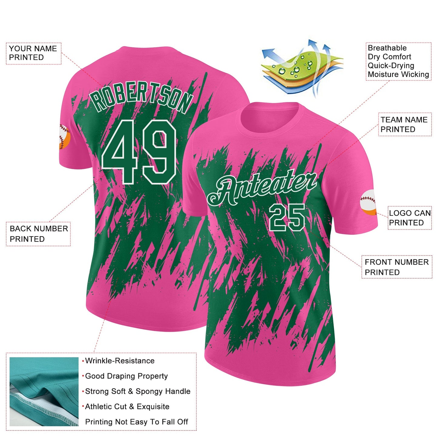 Custom Pink Kelly Green-White Torn Sharp Brush Stroke Splatter Performance T-Shirt view 2