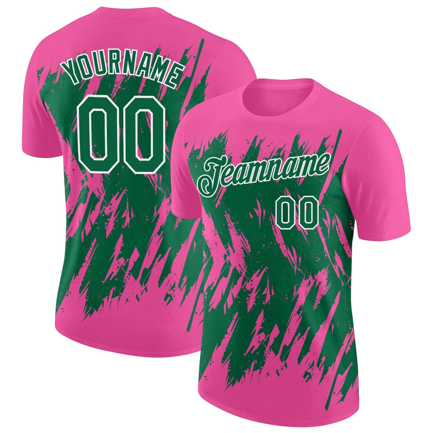 Custom Pink Kelly Green-White Torn Sharp Brush Stroke Splatter Performance T-Shirt - Main View