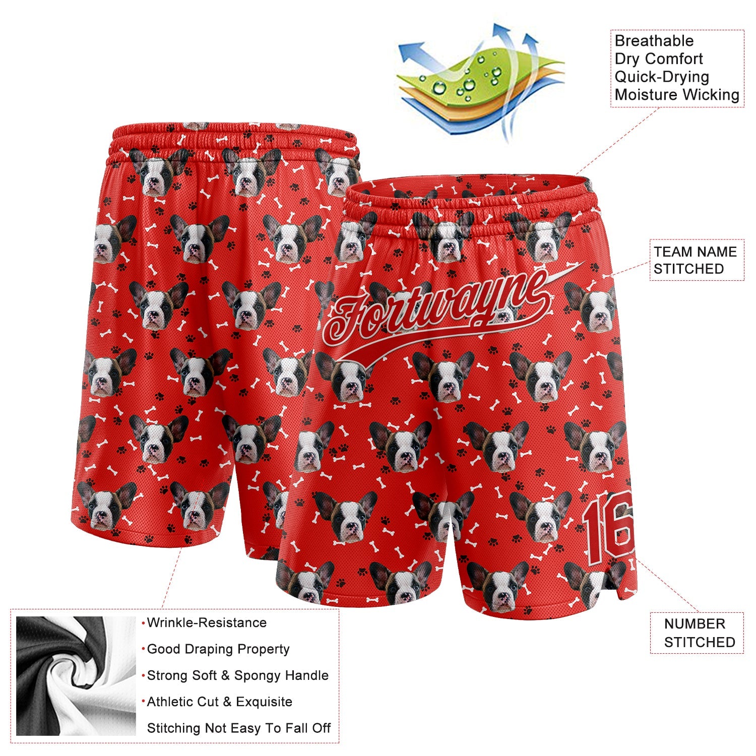 Custom Red White 3D Pattern Design Dogs Authentic Basketball Shorts view 2