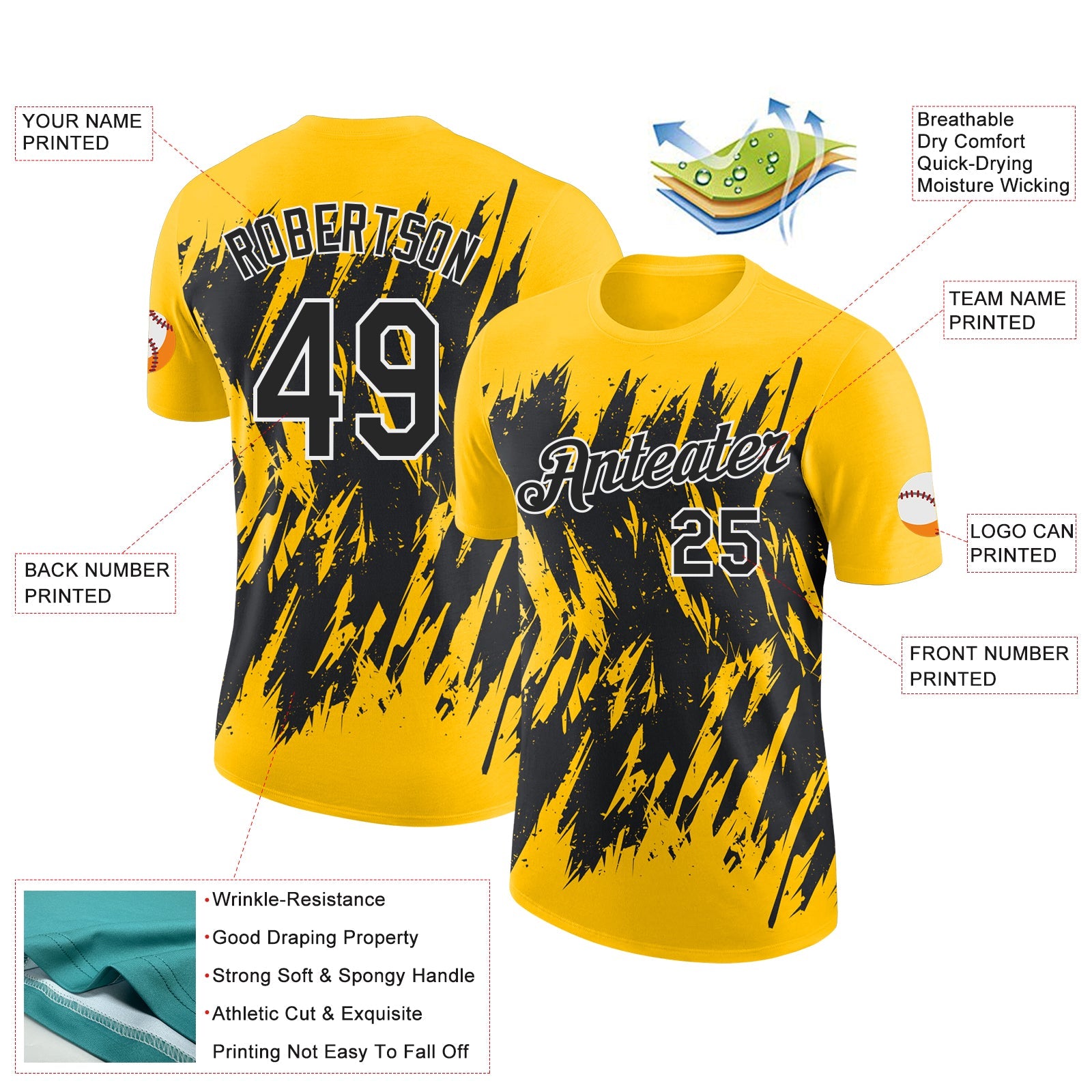 Custom Yellow Black-White Torn Sharp Brush Stroke Splatter Performance T-Shirt view 2