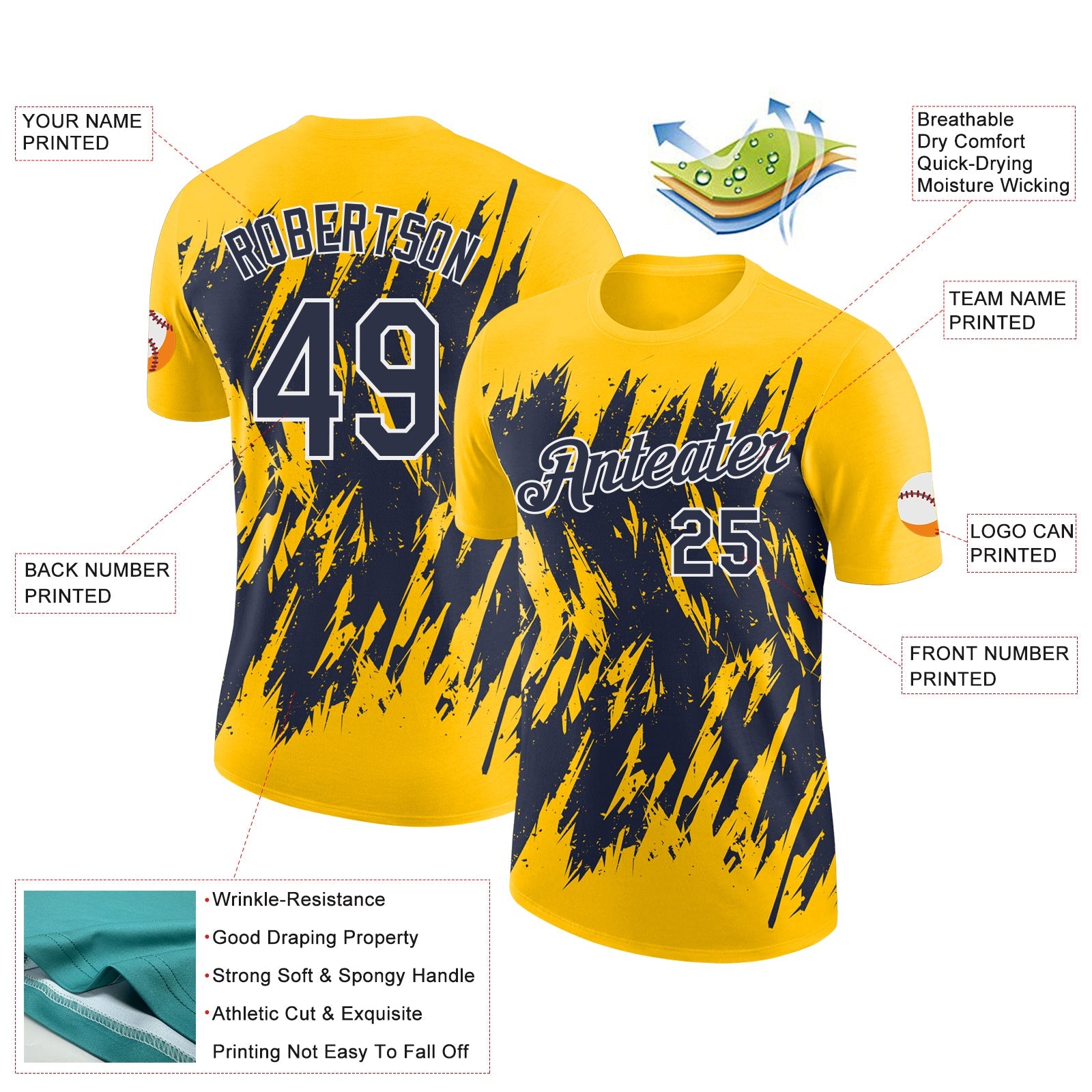 Custom Yellow Navy-White Torn Sharp Brush Stroke Splatter Performance T-Shirt view 2