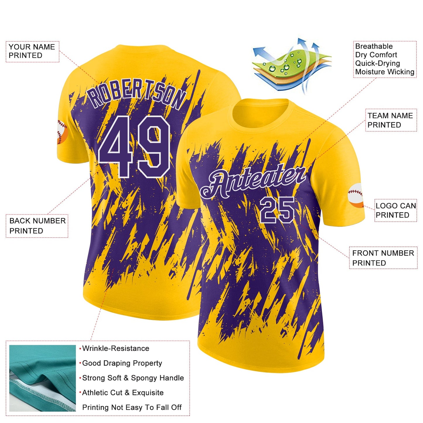 Custom Yellow Purple-White Torn Sharp Brush Stroke Splatter Performance T-Shirt view 2