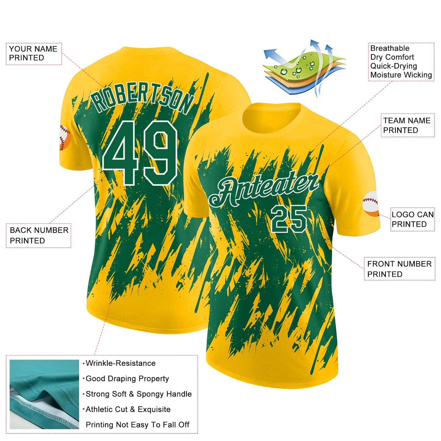 Custom Yellow Kelly Green-White Torn Sharp Brush Stroke Splatter Performance T-Shirt view 2