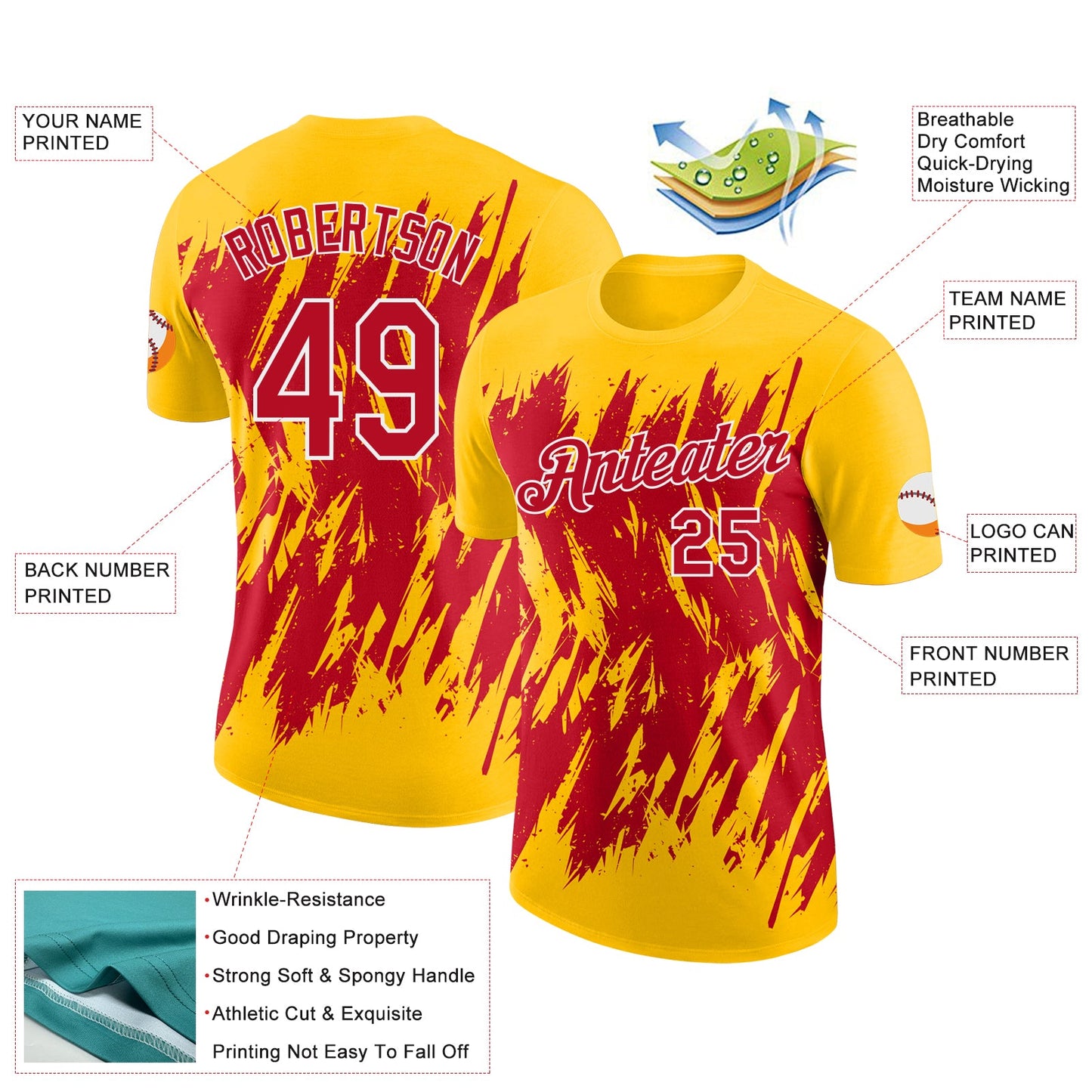 Custom Yellow Red-White Torn Sharp Brush Stroke Splatter Performance T-Shirt view 2