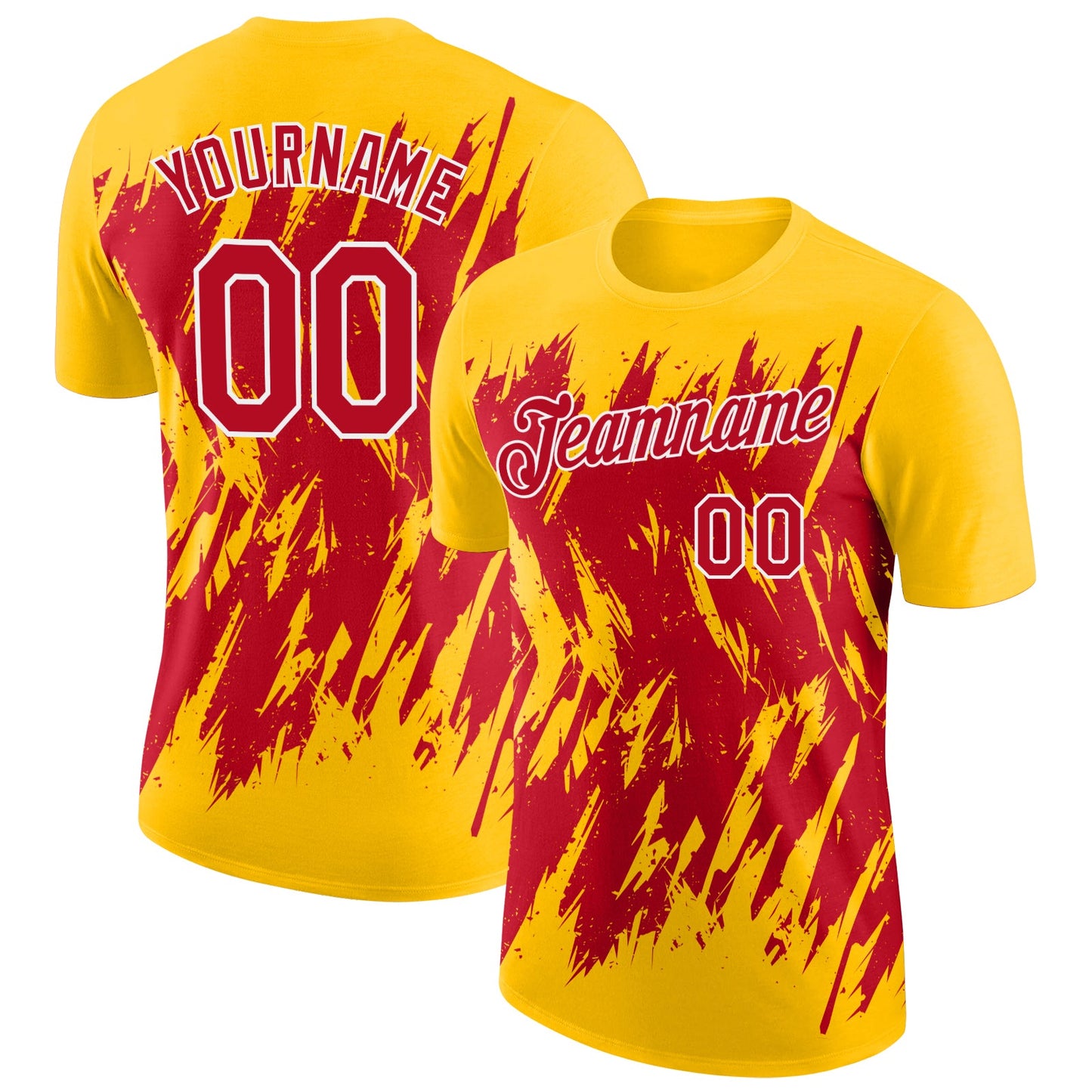Custom Yellow Red-White Torn Sharp Brush Stroke Splatter Performance T-Shirt - Main View