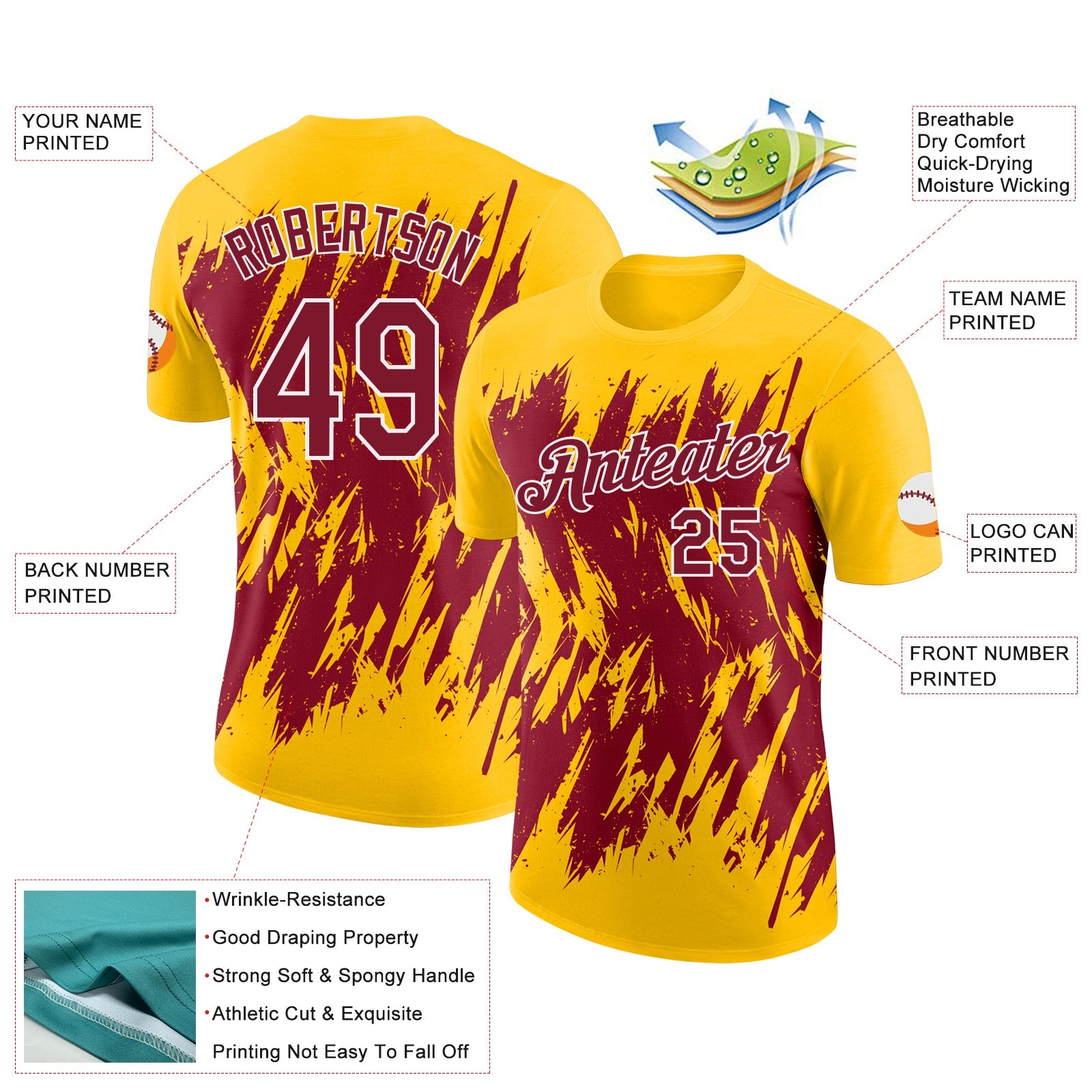 Custom Yellow Crimson-White Torn Sharp Brush Stroke Splatter Performance T-Shirt view 2