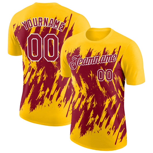 Custom Yellow Crimson-White Torn Sharp Brush Stroke Splatter Performance T-Shirt - Main View