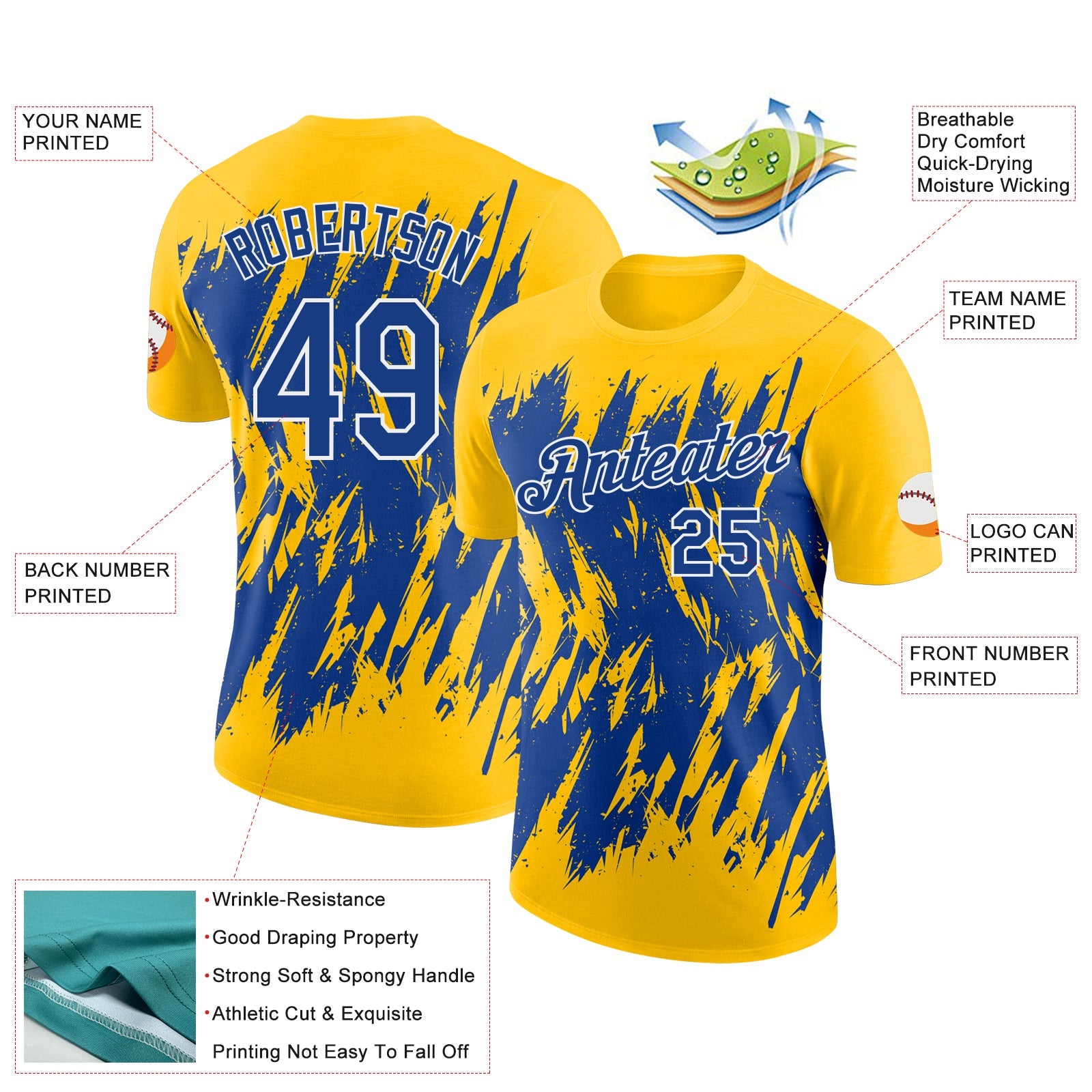 Custom Yellow Royal-White Torn Sharp Brush Stroke Splatter Performance T-Shirt view 2