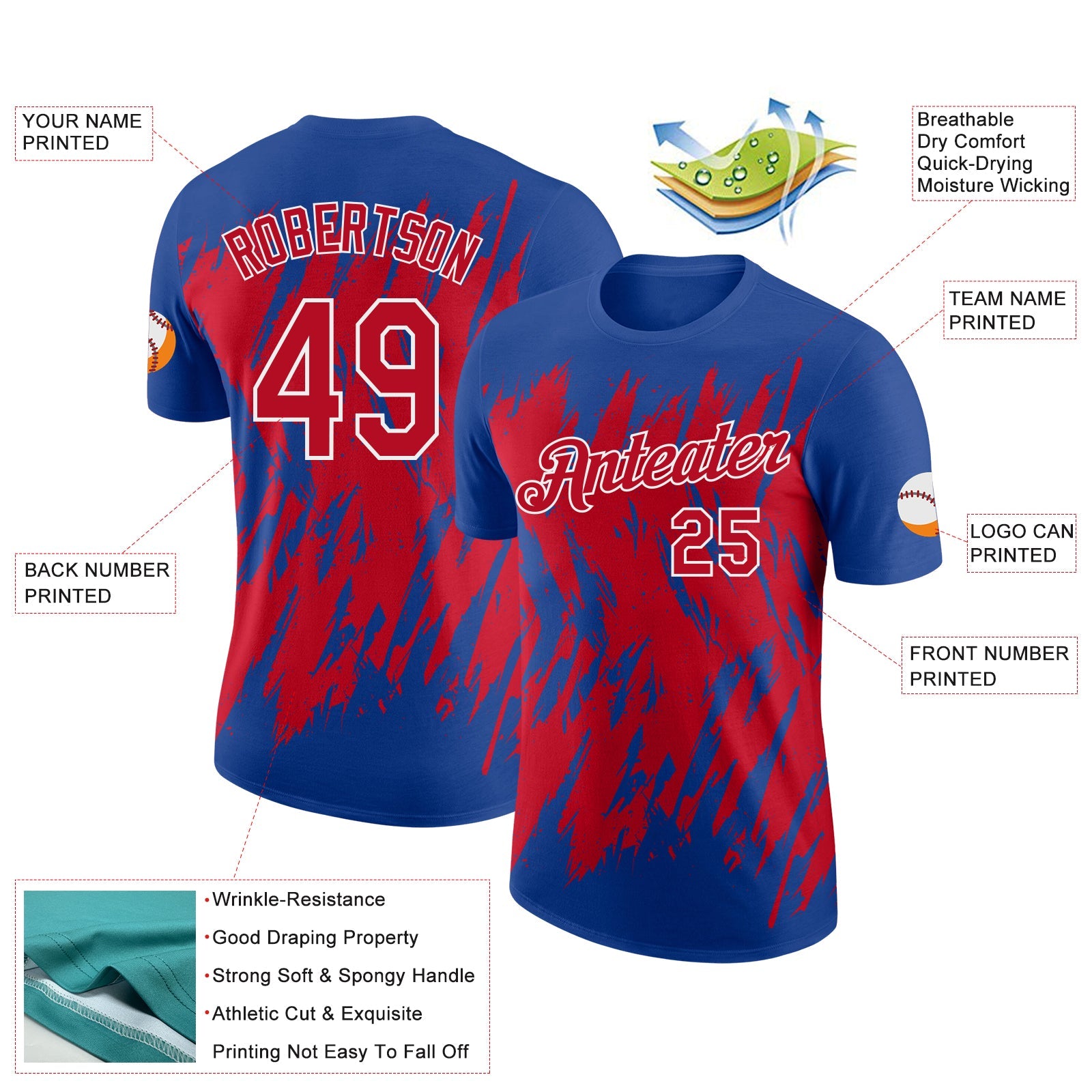 Custom Royal Red-White Torn Sharp Brush Stroke Splatter Performance T-Shirt view 2