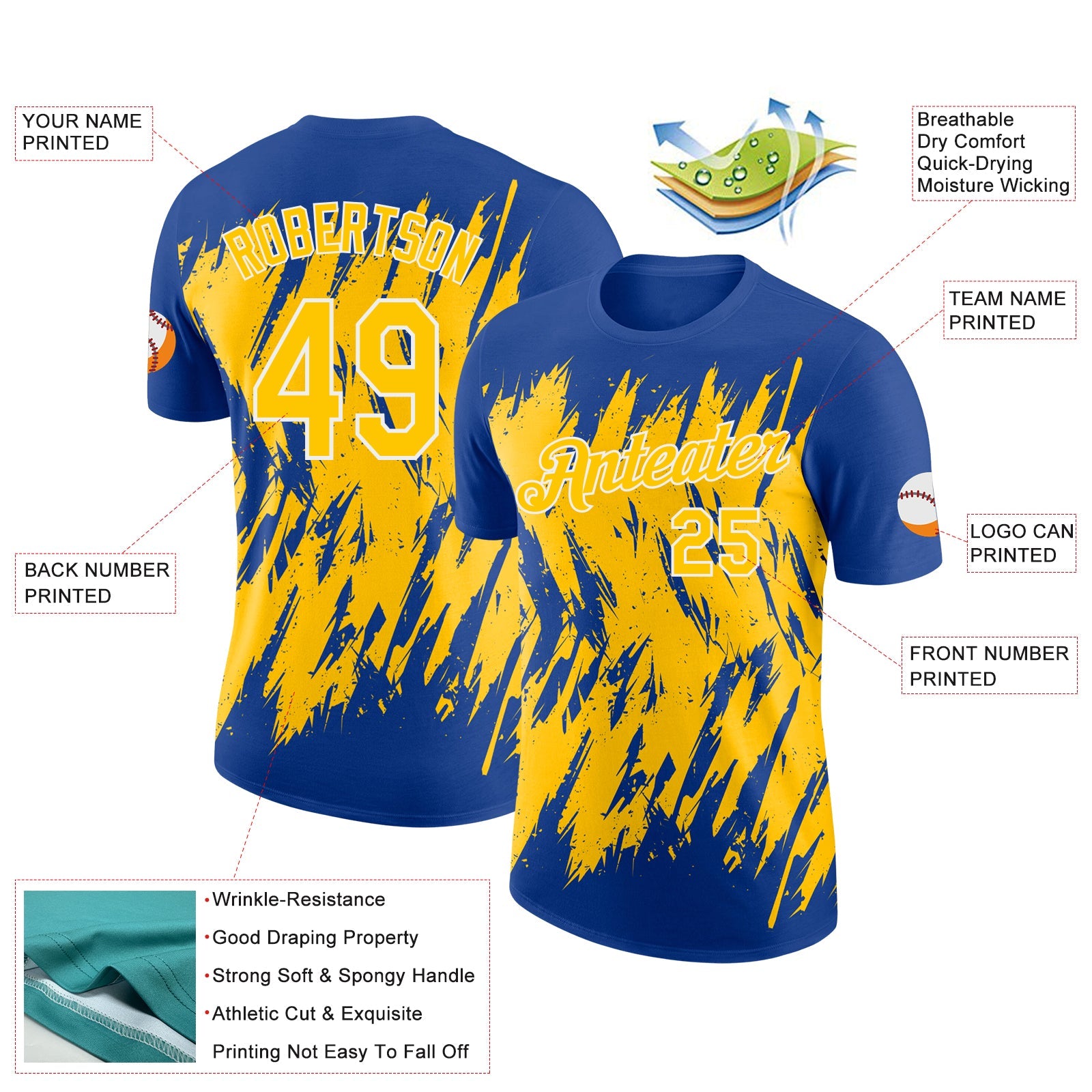 Custom Royal Yellow-White Torn Sharp Brush Stroke Splatter Performance T-Shirt view 2