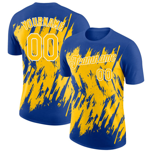 Custom Royal Yellow-White Torn Sharp Brush Stroke Splatter Performance T-Shirt - Main View