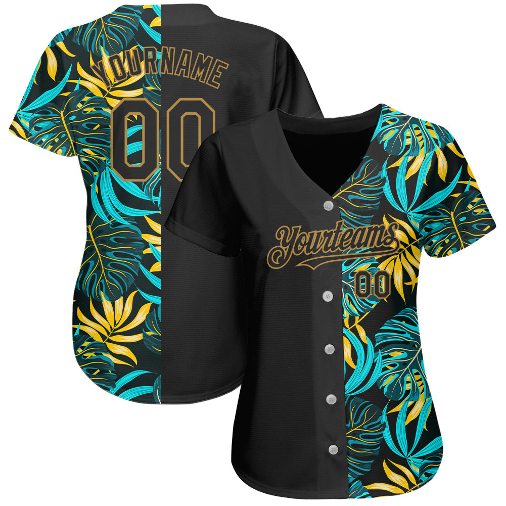 Custom Black Old Gold 3D Pattern Design Hawaii Tropical Palm Leaves Authentic Baseball Jersey view 2