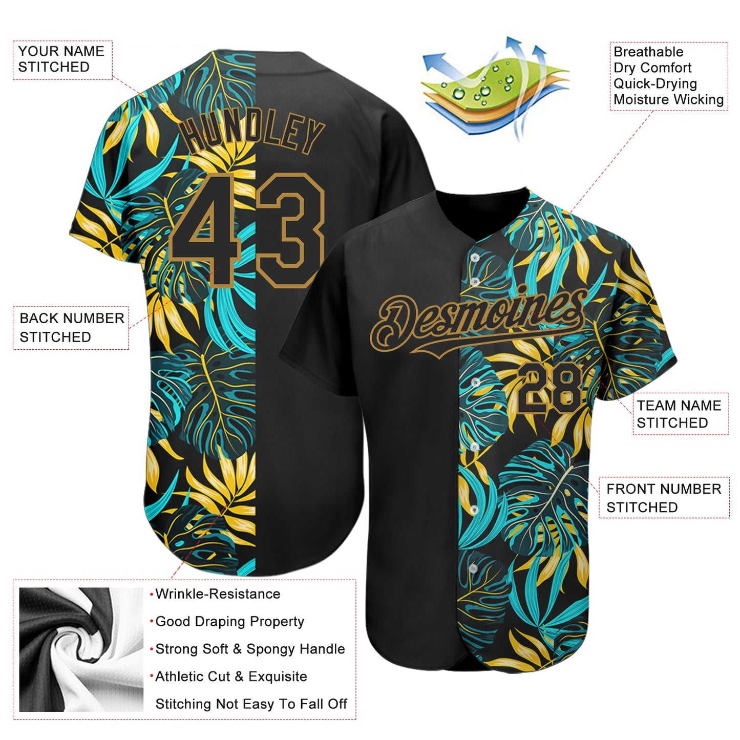 Custom Black Old Gold 3D Pattern Design Hawaii Tropical Palm Leaves Authentic Baseball Jersey view 3