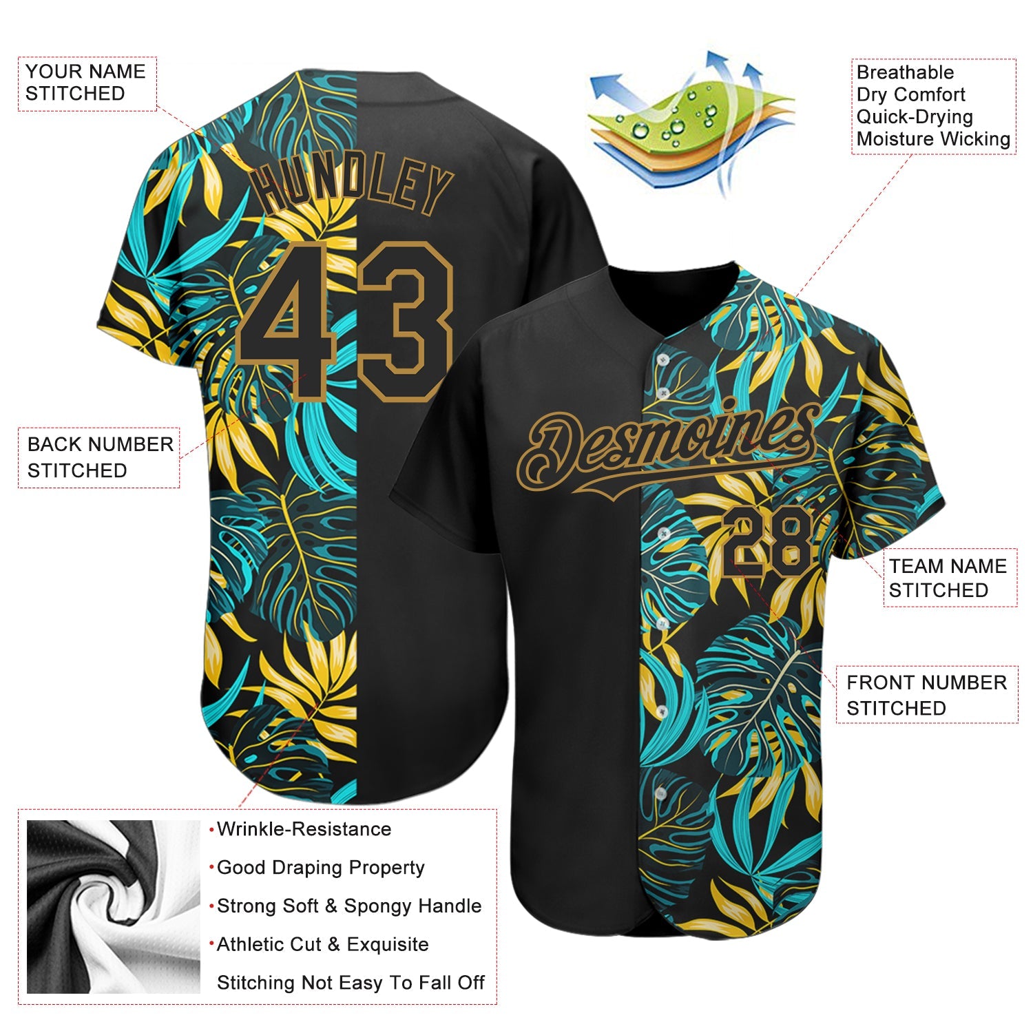 Custom Black Old Gold 3D Pattern Design Hawaii Tropical Palm Leaves Authentic Baseball Jersey view 3