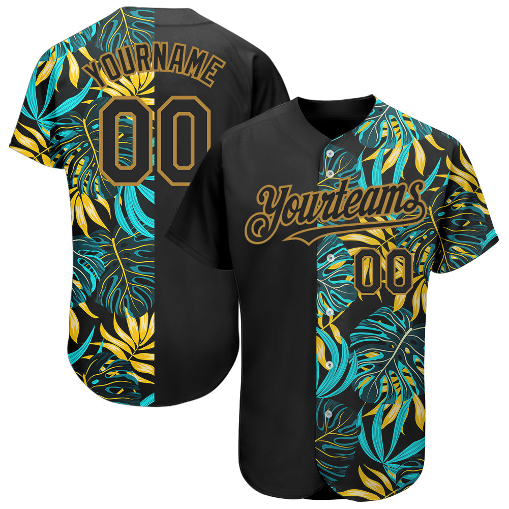Custom Black Old Gold 3D Pattern Design Hawaii Tropical Palm Leaves Authentic Baseball Jersey - Main View