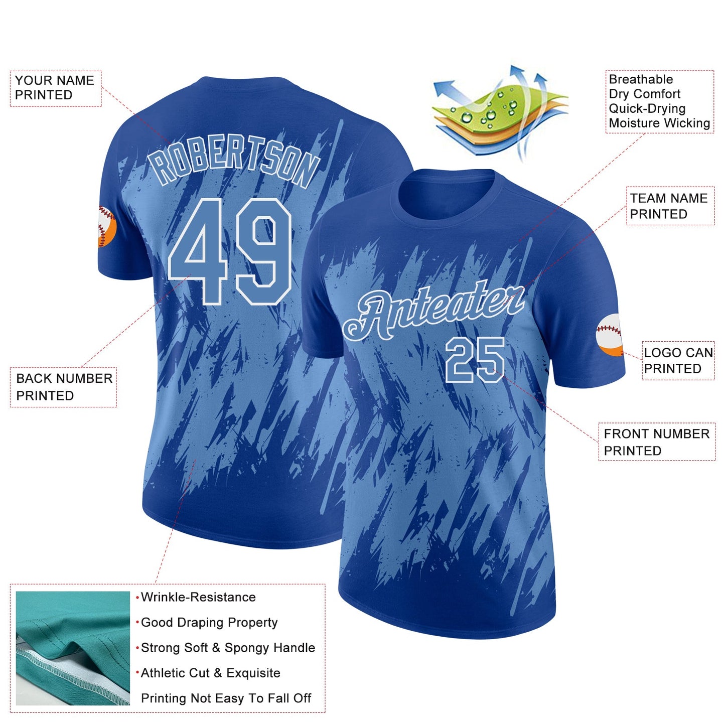 Custom Royal Light Blue-White Torn Sharp Brush Stroke Splatter Performance T-Shirt view 2
