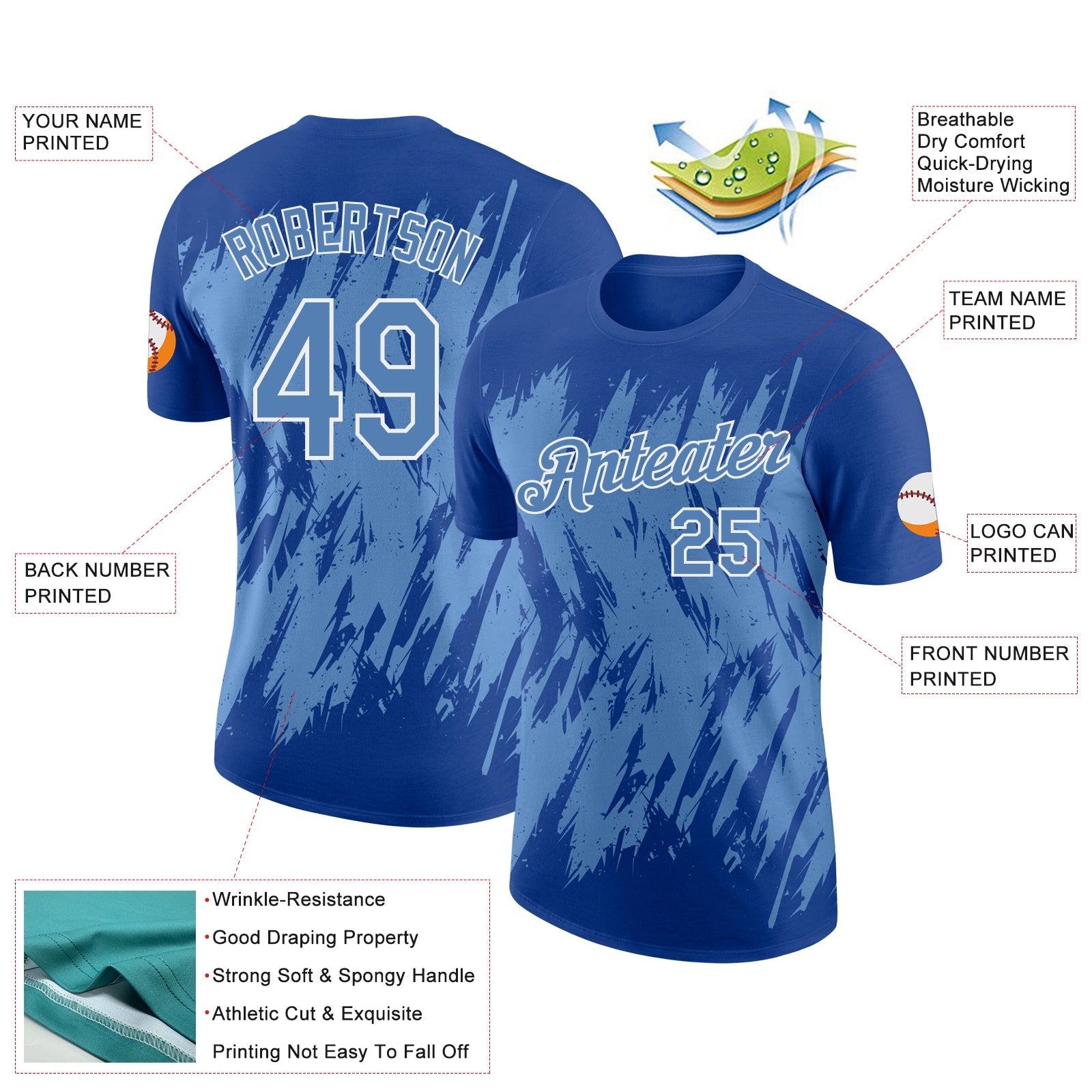 Custom Royal Light Blue-White Torn Sharp Brush Stroke Splatter Performance T-Shirt view 2