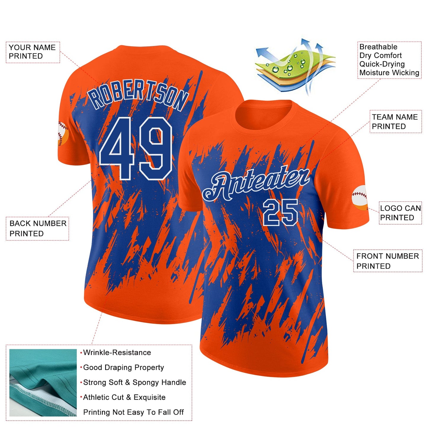 Custom Orange Royal-White Torn Sharp Brush Stroke Splatter Performance T-Shirt view 2
