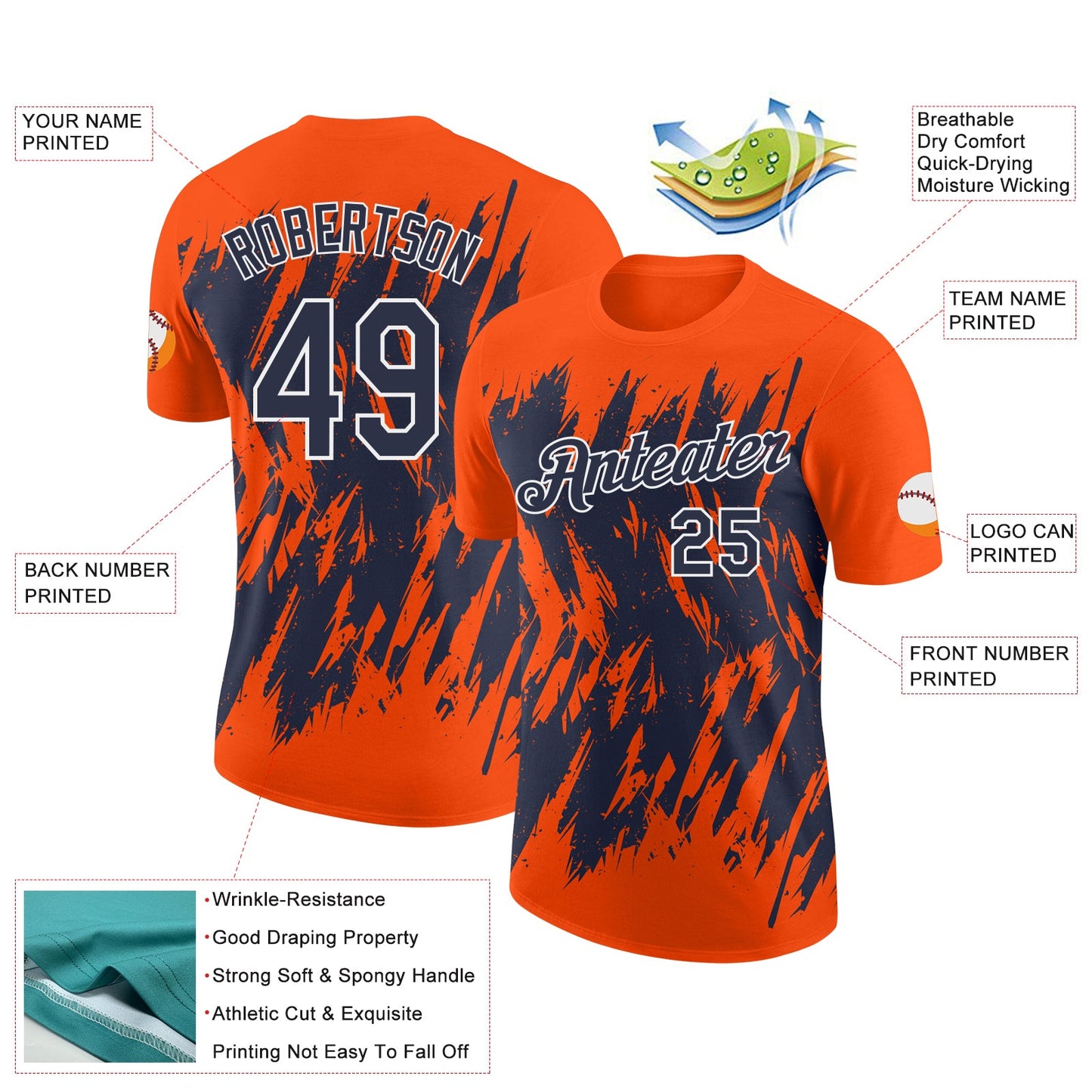 Custom Orange Navy-White Torn Sharp Brush Stroke Splatter Performance T-Shirt view 2