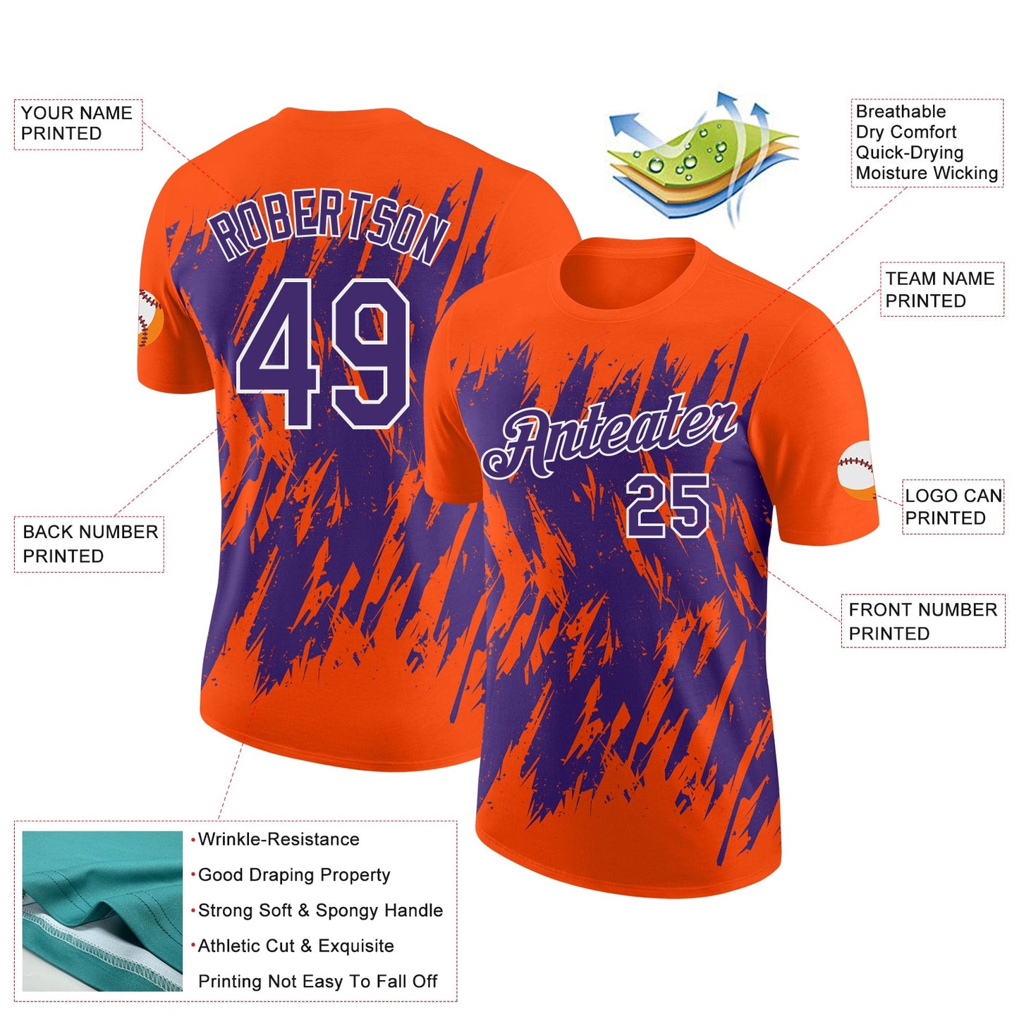 Custom Orange Purple-White Torn Sharp Brush Stroke Splatter Performance T-Shirt view 2
