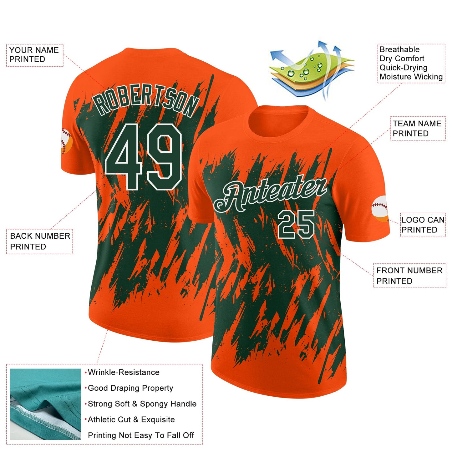 Custom Orange Green-White Torn Sharp Brush Stroke Splatter Performance T-Shirt view 2
