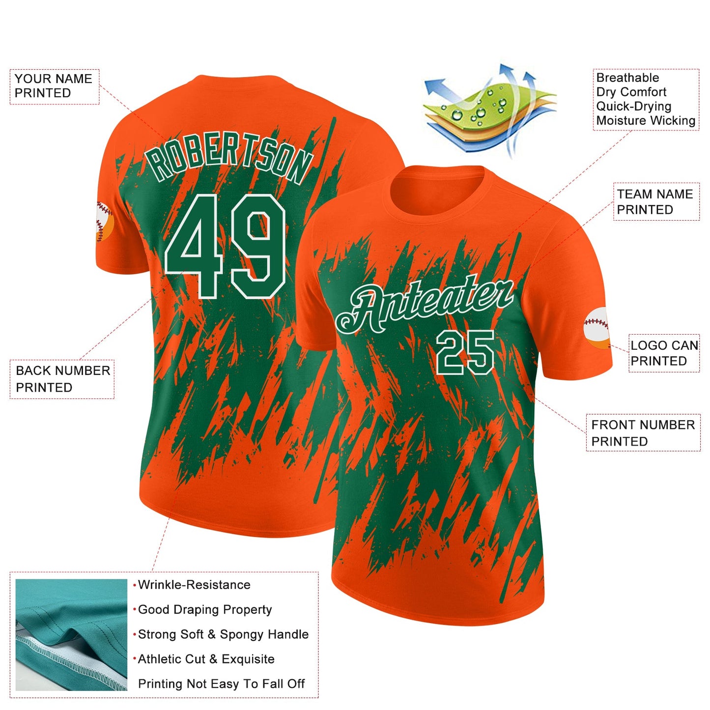 Custom Orange Kelly Green-White Torn Sharp Brush Stroke Splatter Performance T-Shirt view 2