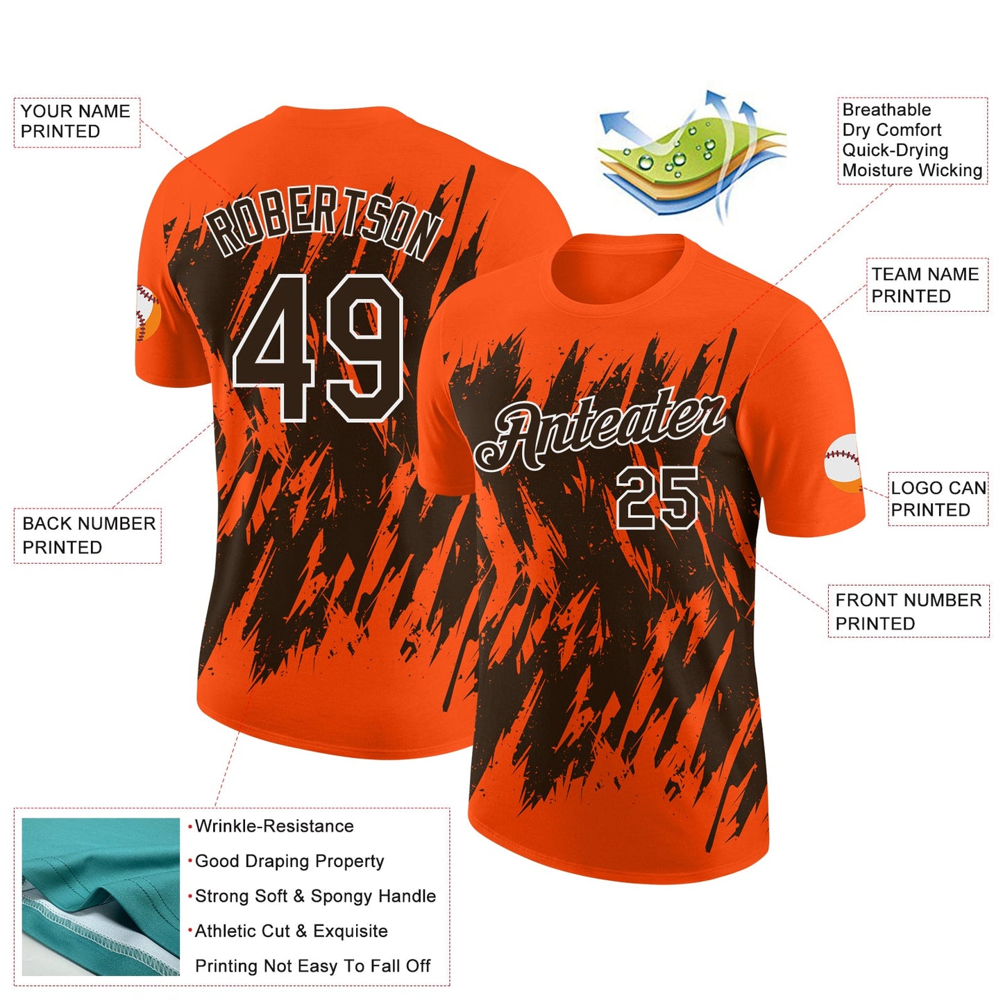 Custom Orange Brown-White Torn Sharp Brush Stroke Splatter Performance T-Shirt view 2