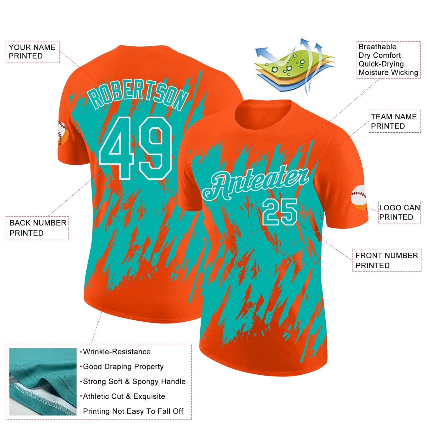 Custom Orange Aqua-White Torn Sharp Brush Stroke Splatter Performance T-Shirt view 2