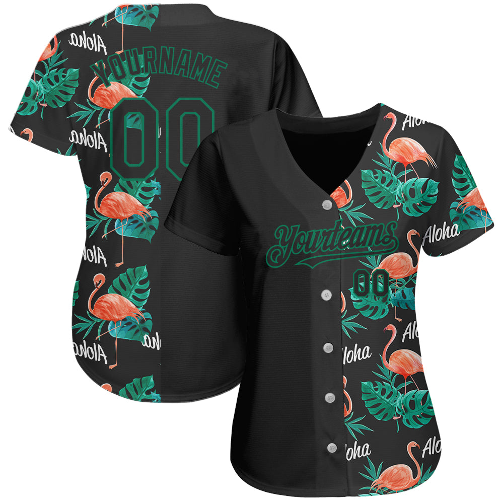 Custom Black Kelly Green 3D Pattern Design Hawaii Flamingos And Leaves Authentic Baseball Jersey view 2