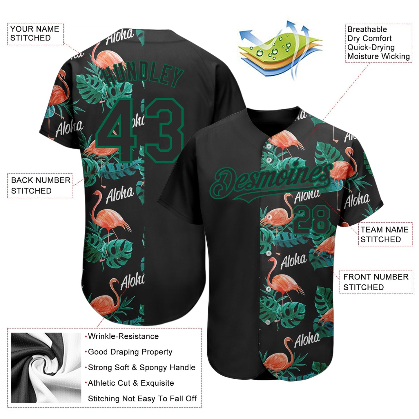 Custom Black Kelly Green 3D Pattern Design Hawaii Flamingos And Leaves Authentic Baseball Jersey view 3