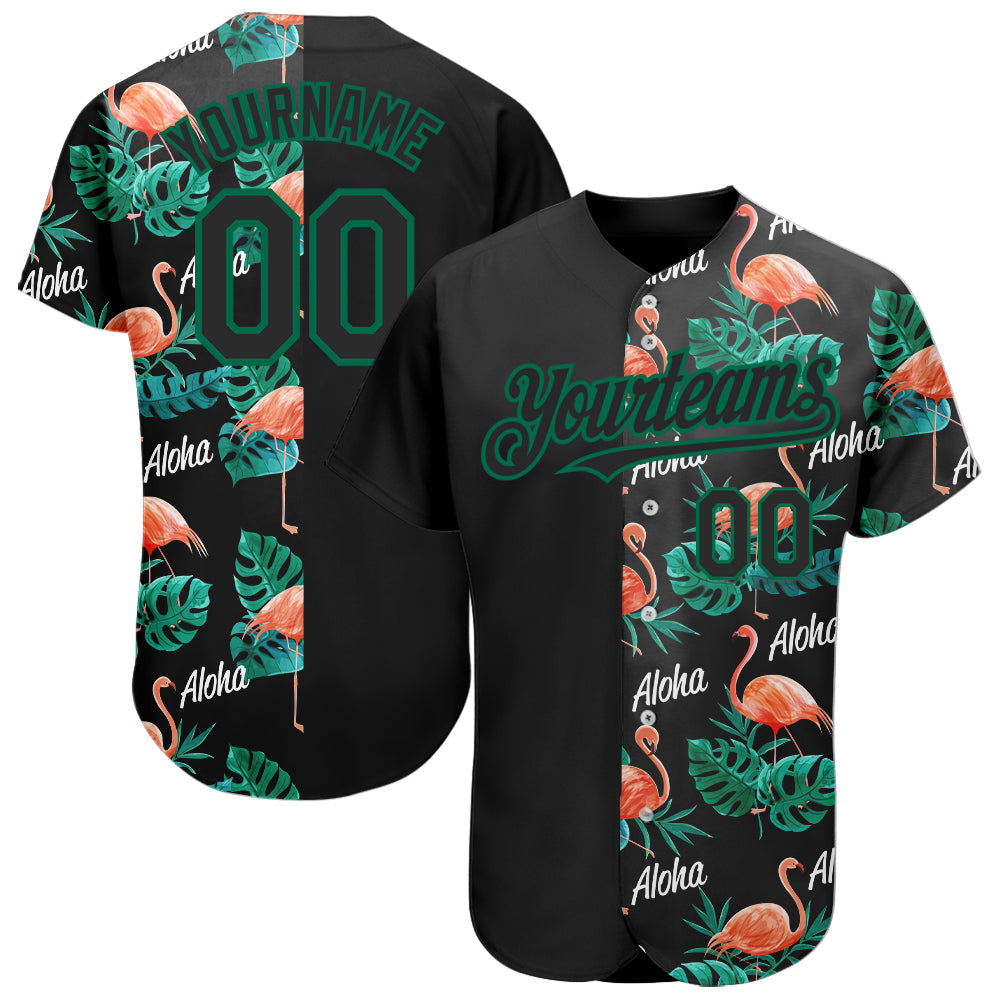 Custom Black Kelly Green 3D Pattern Design Hawaii Flamingos And Leaves Authentic Baseball Jersey - Main View