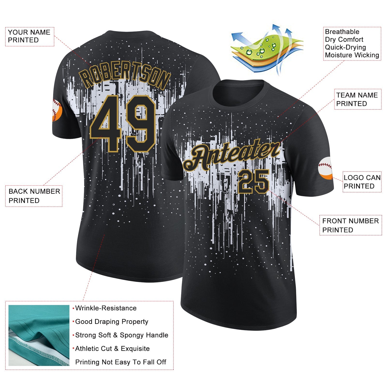 Custom Black White-Old Gold Dripping Splatter Paint Performance T-Shirt view 2