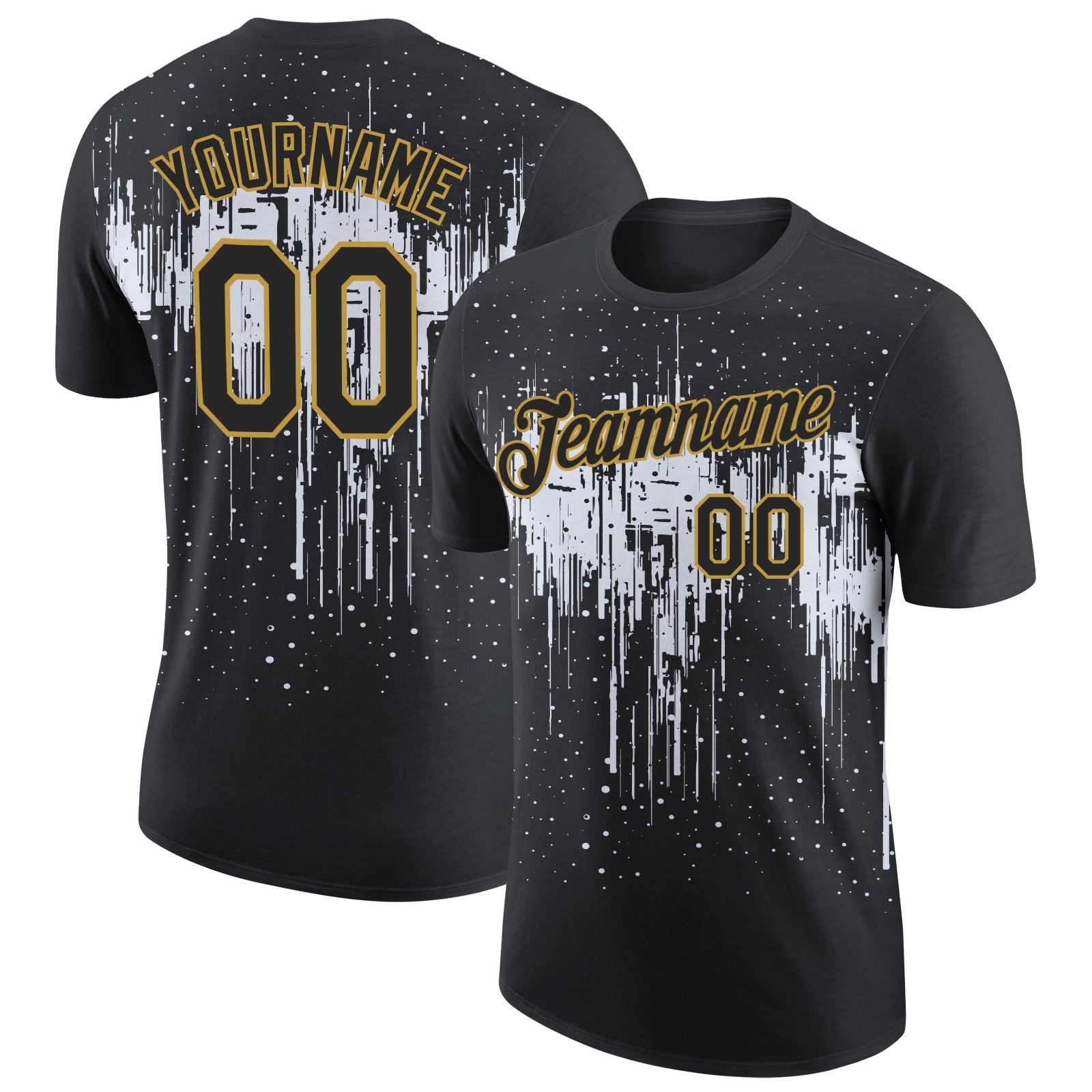 Custom Black White-Old Gold Dripping Splatter Paint Performance T-Shirt - Main View