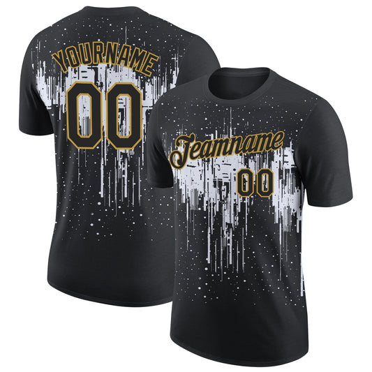 Custom Black White-Old Gold Dripping Splatter Paint Performance T-Shirt - Main View