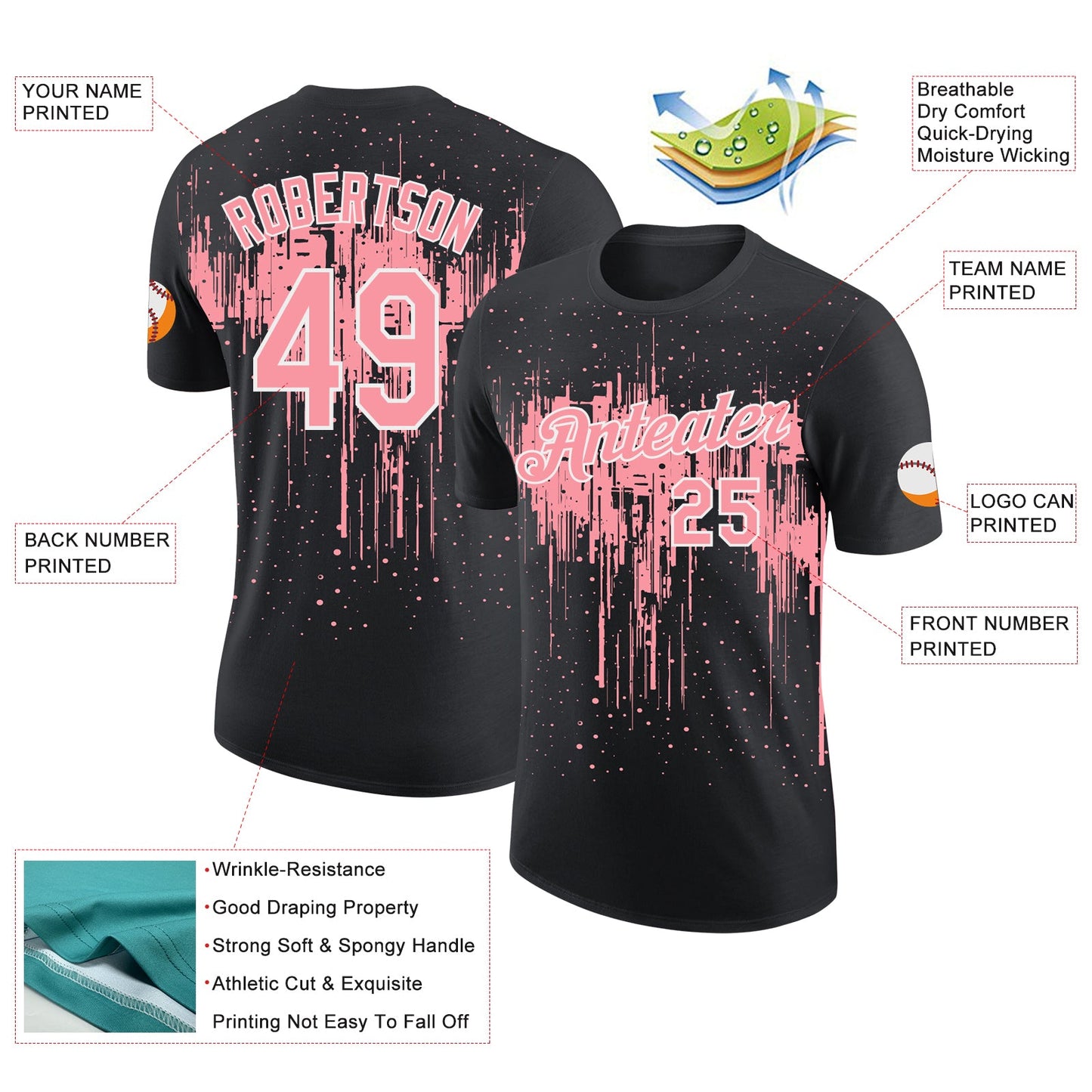 Custom Black Medium Pink-White Dripping Splatter Paint Performance T-Shirt view 2