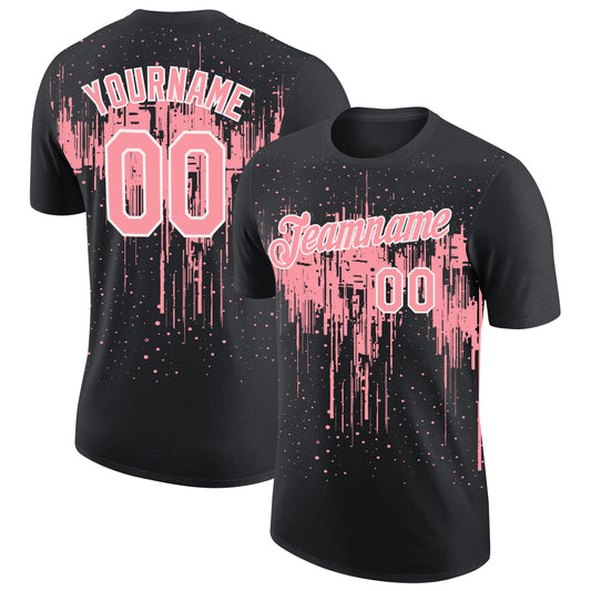 Custom Black Medium Pink-White Dripping Splatter Paint Performance T-Shirt - Main View