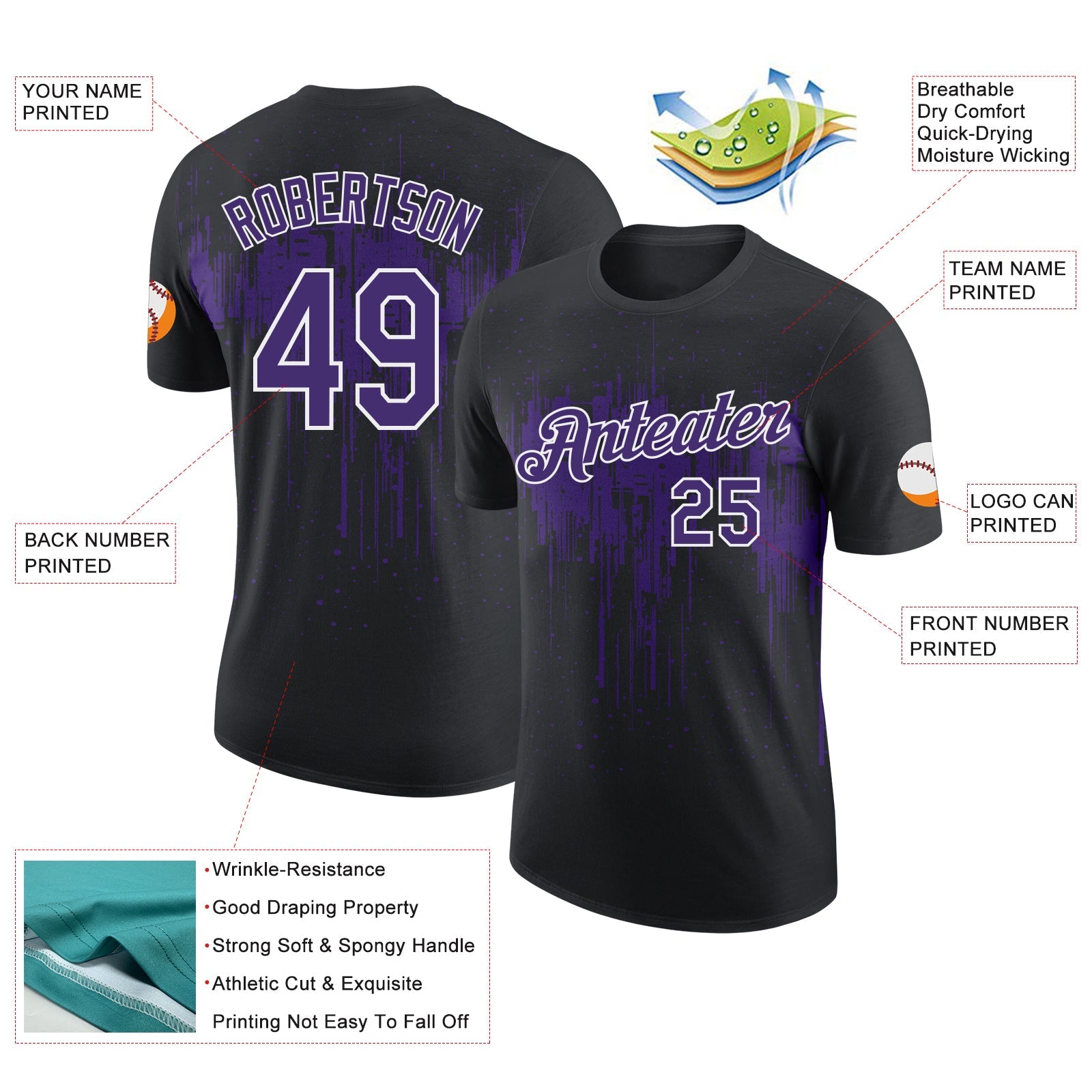 Custom Black Purple-White Dripping Splatter Paint Performance T-Shirt view 2