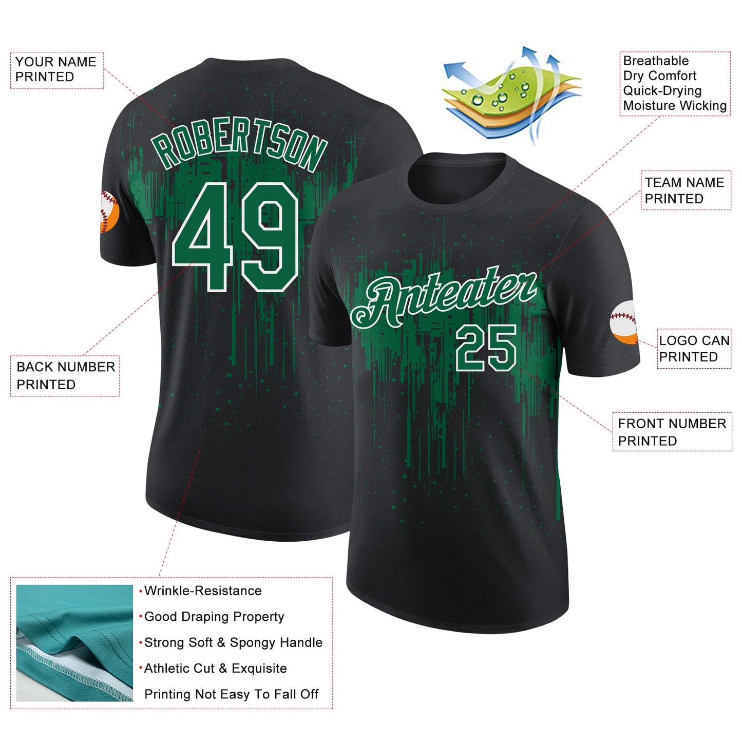 Custom Black Kelly Green-White Dripping Splatter Paint Performance T-Shirt view 2