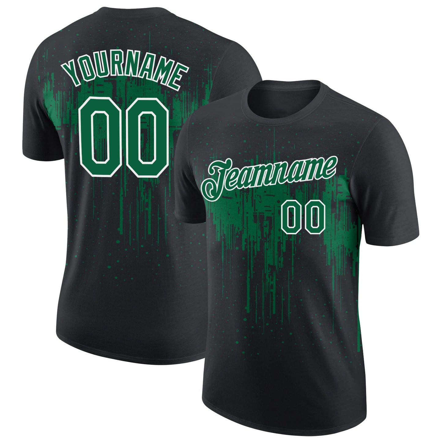 Custom Black Kelly Green-White Dripping Splatter Paint Performance T-Shirt - Main View