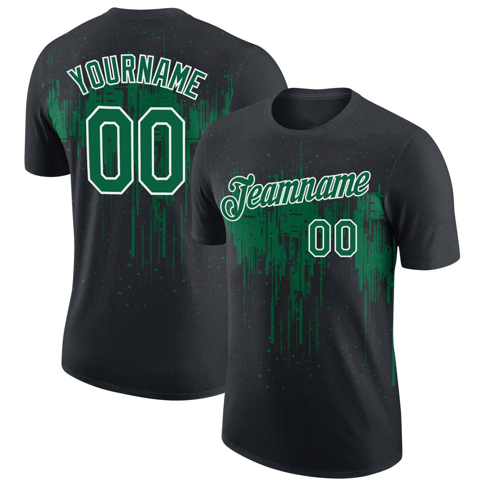 Custom Black Kelly Green-White Dripping Splatter Paint Performance T-Shirt - Main View