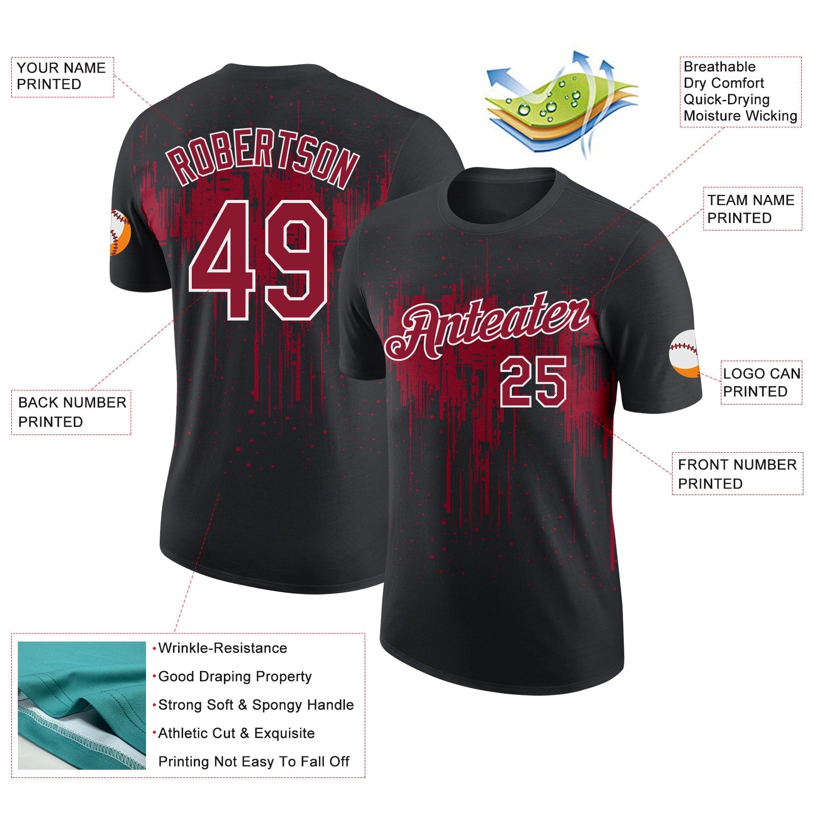 Custom Black Crimson-White Dripping Splatter Paint Performance T-Shirt view 2