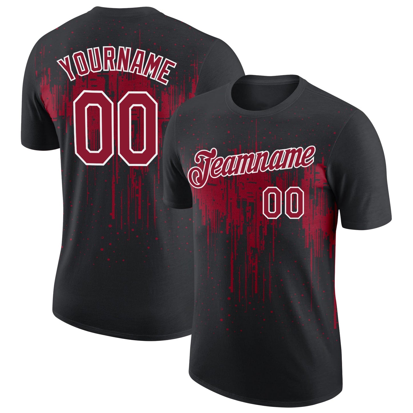 Custom Black Crimson-White Dripping Splatter Paint Performance T-Shirt - Main View